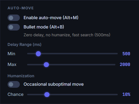 Auto-move settings panel with delay sliders and humanization options