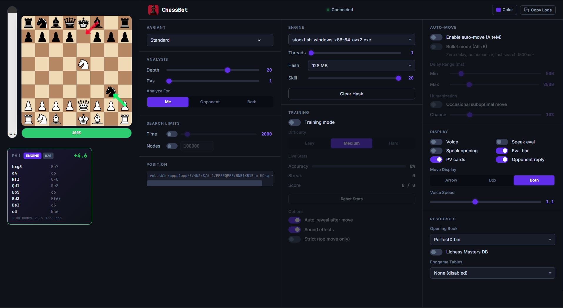 Full dashboard panel with three settings columns and live board preview
